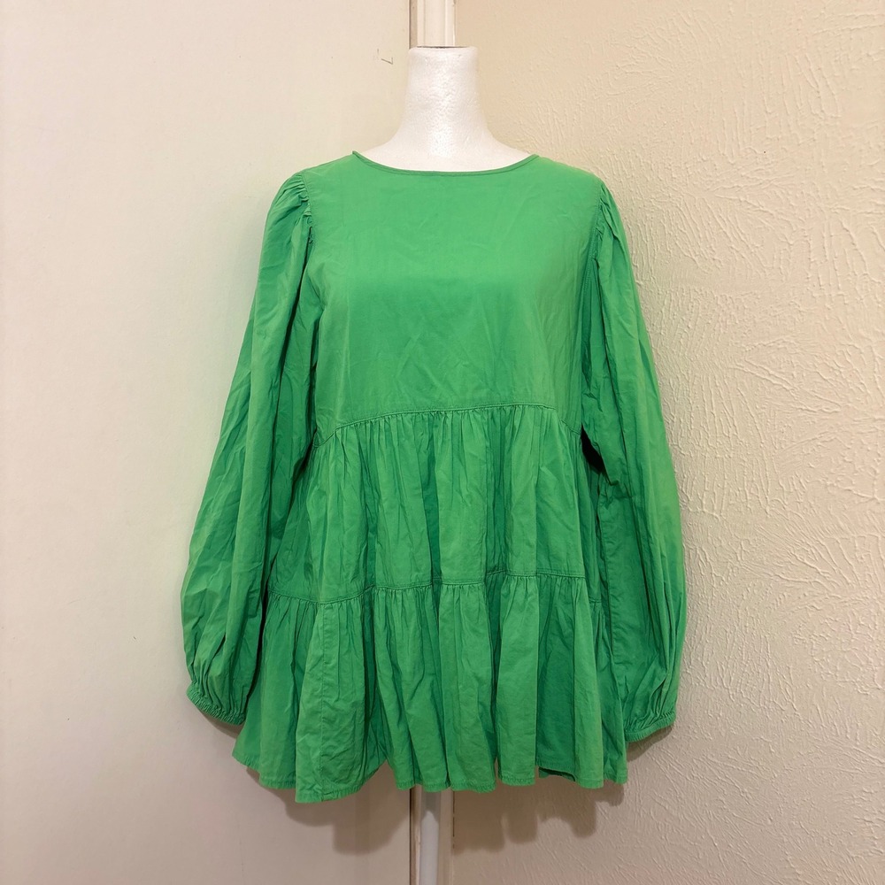 American Holic Green Tiered Babydoll Long Balloon Sleeve Top M Tiered Boho